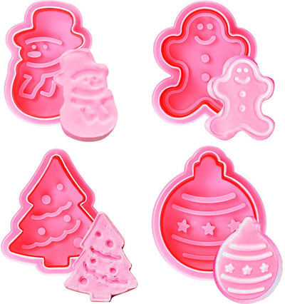 4 Pcs Christmas Biscuits Cutters Set Christmas Tree Snowman Gingerbread Egg Stamper Spring Loaded Handle Cutter