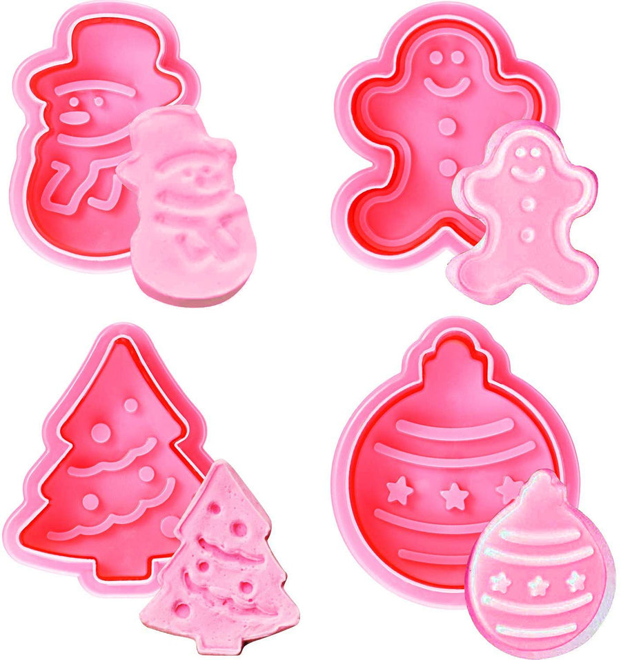4 Pcs Christmas Biscuits Cutters Set Christmas Tree Snowman Gingerbread Egg Stamper Spring Loaded Handle Cutter