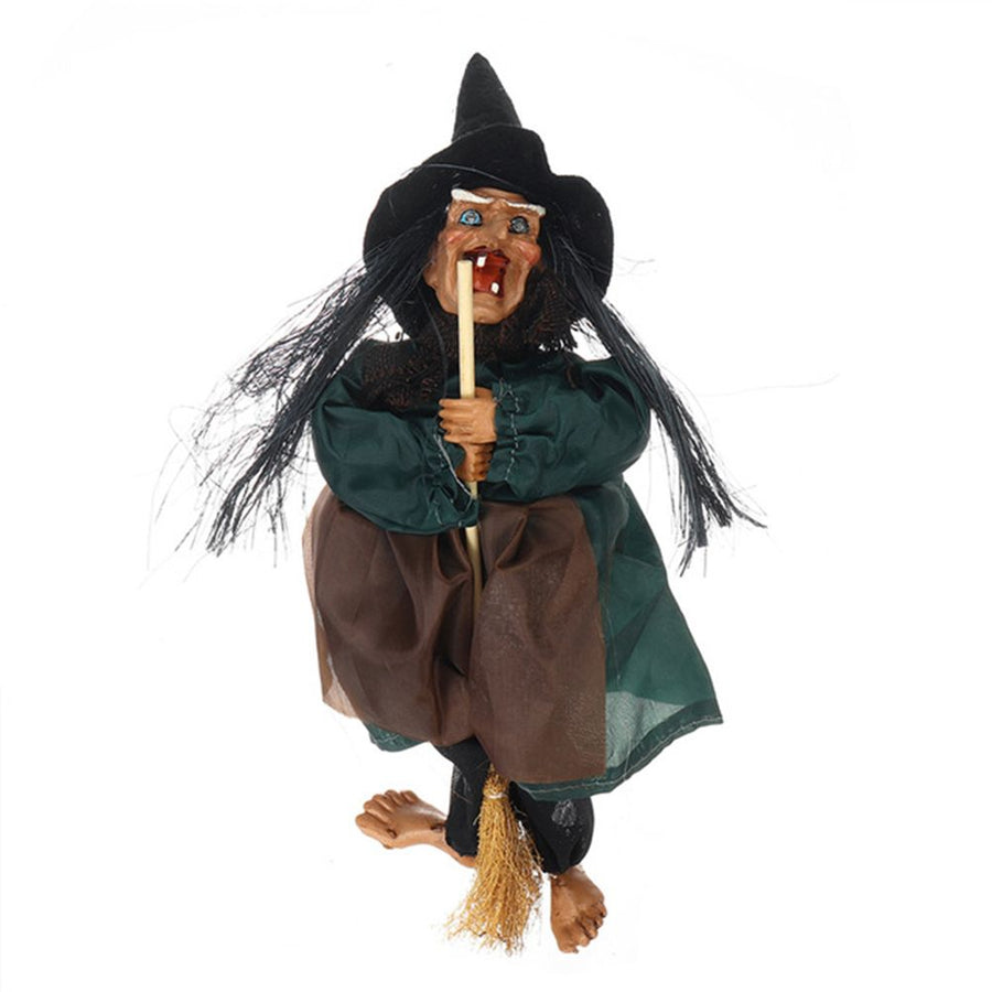 Halloween Hanging Witch Dolls Voice Control Prop Animated Ghost Scary Riding Broom Wall Hanging Party Outdoor Home Decoration Toy