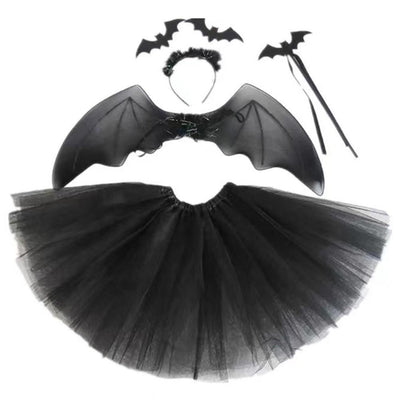 4Pcs Girls Halloween Cosplay Costume Dress Up Dress Black Mesh Skirt with Headband Bat Wing Wand Halloween Party Cosplay Props