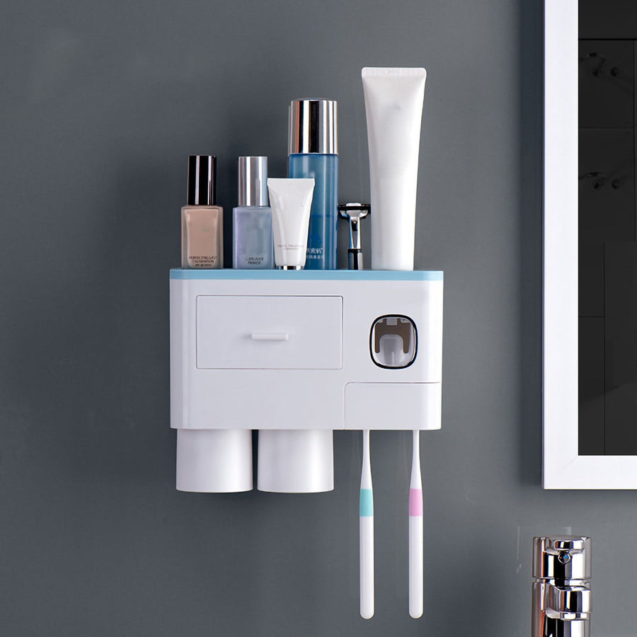 Toothbrush Storage Rack Inverted Magnetic Adsorption Toothbrush Holder Toothpaste Squeezer 2 Blue Cups