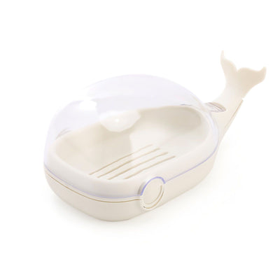 Soap Box Double Layer Cute Cartoon Whale Shape Waterproof Drainage Soap Container with Flip Lid for Bathroom White