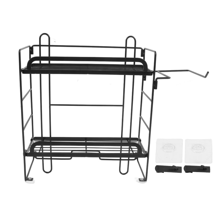 Toilet Storage Shelves Iron Wall Mounted 2 Layers Foldable Grid Home Decoration with Hooks for Bathroom Black