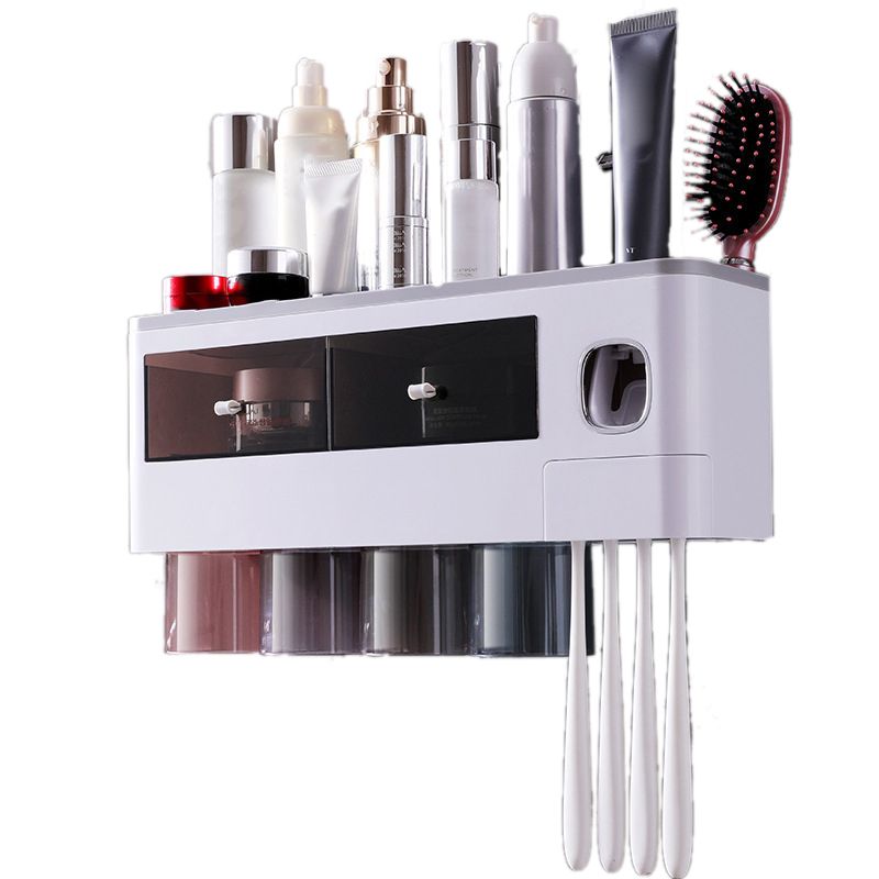 Wall Mounted Toothbrush Holder Multi Function Magnetic Absorption Bathroom Storage Rack with Drawer Toothpaste Dispenser 4 Cup Translucent Gray (38.4x11.3x20cm/15.1x4.4x7.9in)