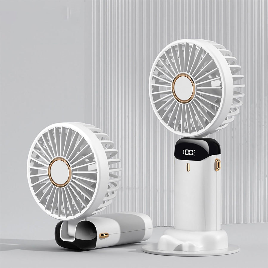 Folding Fan USB Digital Display Handheld Ergonomic Handle ABS PC Small Portable Fan for Outdoor White 3000M with Aroma Piece and Lanyard