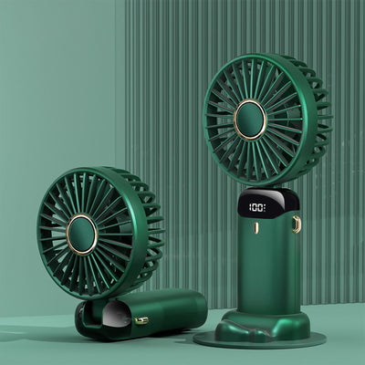 Folding Fan USB Digital Display Handheld Ergonomic Handle ABS PC Small Portable Fan for Outdoor Green 3000M with Aroma Piece and Lanyard