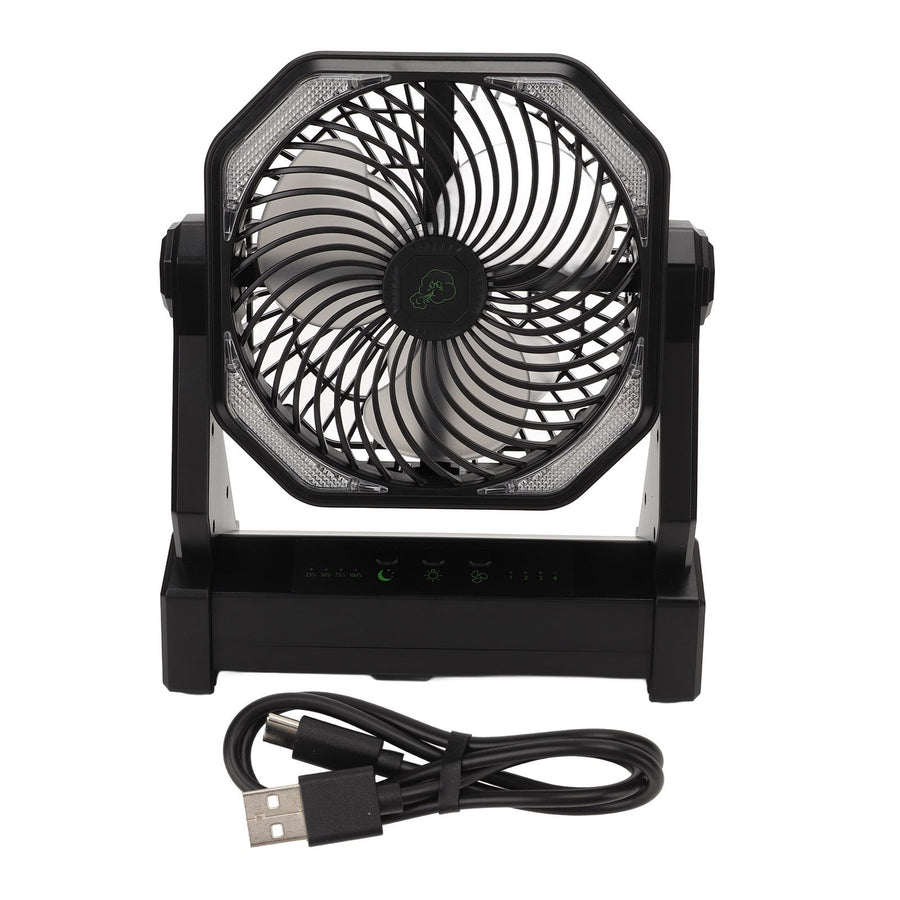 Camping Fan with LED Lantern 4 Levels 270 Degree Pivot Large Air Volume USB Rechargeable Outdoor Tent Fan with Light Hook Black