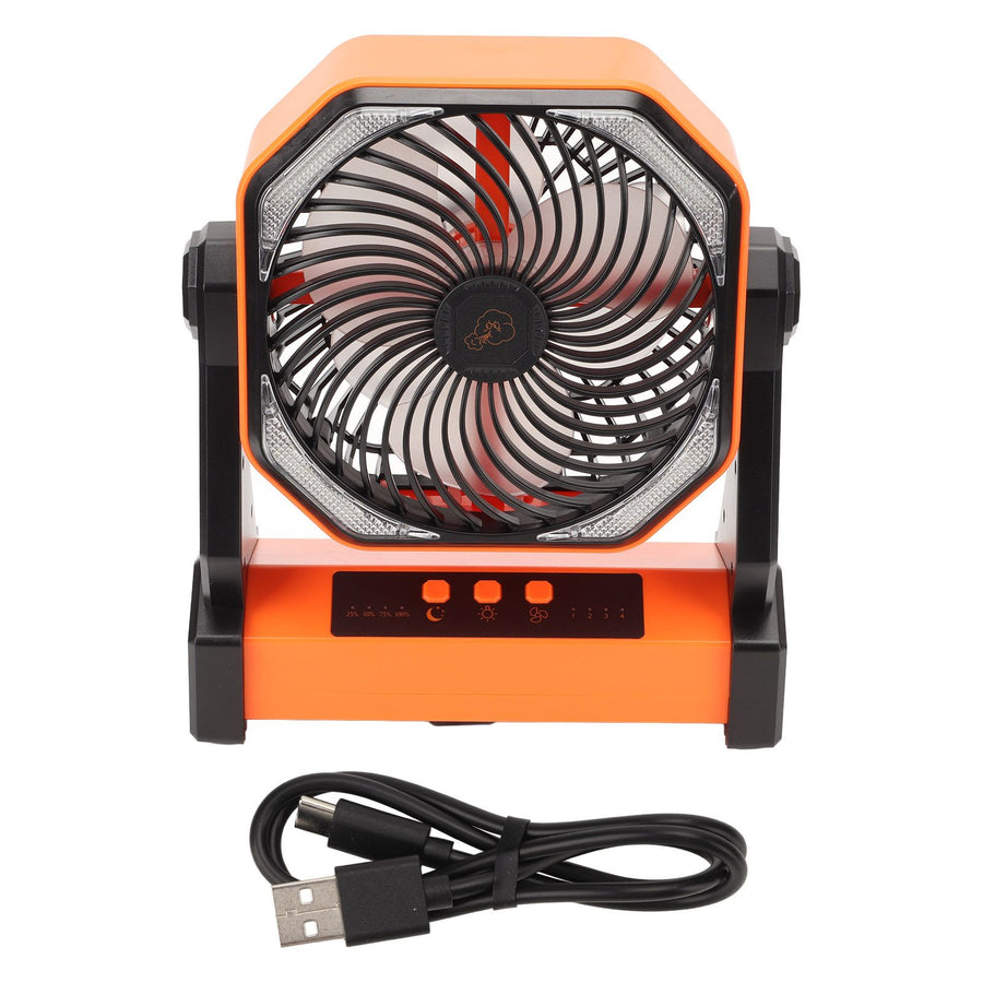 Camping Fan with LED Lantern 4 Levels 270 Degree Pivot Large Air Volume USB Rechargeable Outdoor Tent Fan with Light Hook Orange