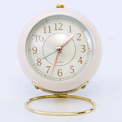 European Style Metal Clock Ingenious Mute Round Children Electronic Quartz Alarm Clock for Living Room Bedroom White