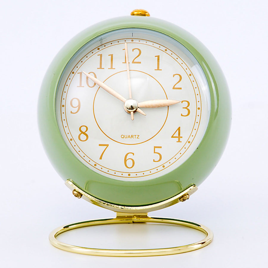 European Style Metal Clock Ingenious Mute Round Children Electronic Quartz Alarm Clock for Living Room Bedroom Green
