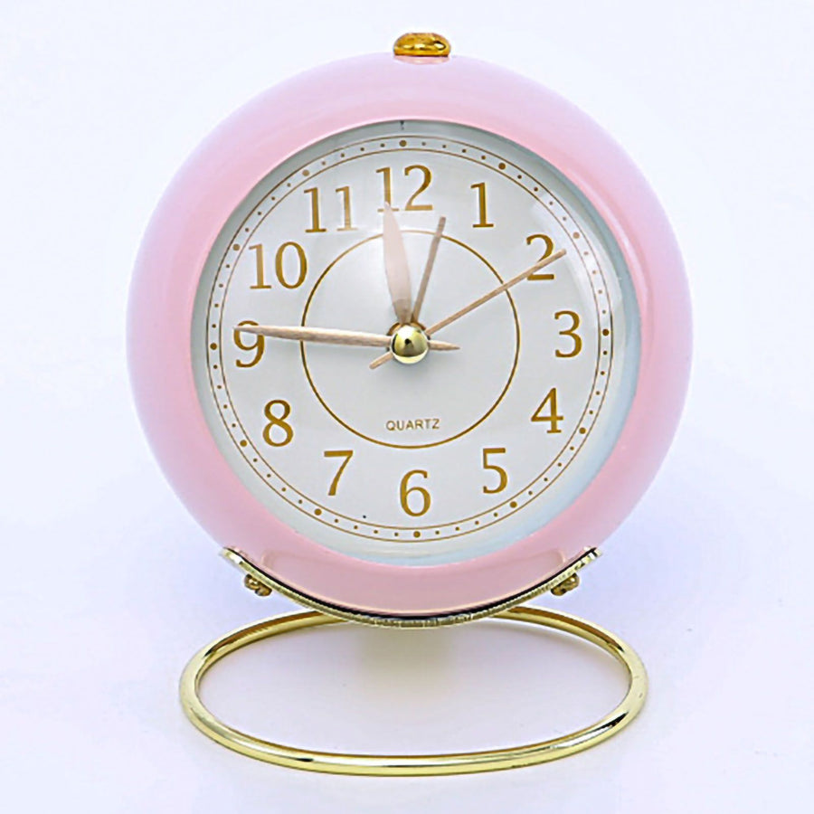 European Style Metal Clock Ingenious Mute Round Children Electronic Quartz Alarm Clock for Living Room Bedroom Pink