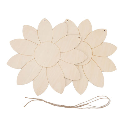 2pcs Wooden Flower Cutouts DIY Lotus Shape Unfinished Wooden Cutouts Home Garden Wood Chip Decor Pendant with 2 Hemp Rope