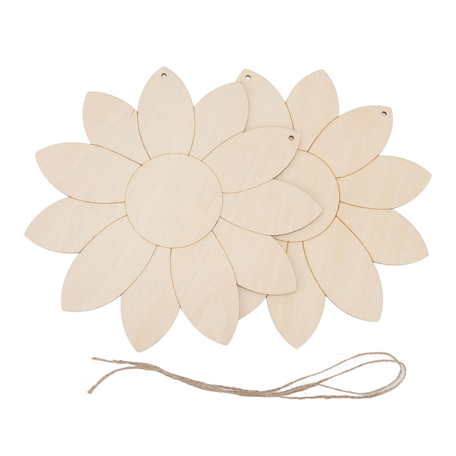 2pcs Wooden Flower Cutouts DIY Lotus Shape Unfinished Wooden Cutouts Home Garden Wood Chip Decor Pendant with 2 Hemp Rope