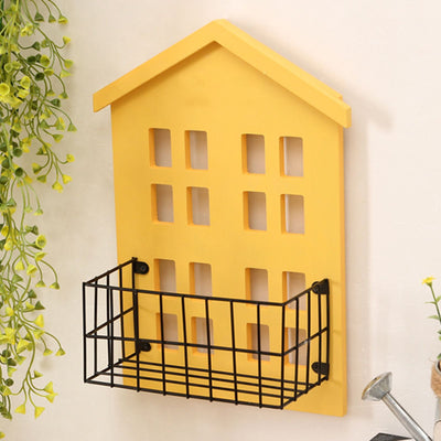 Wall Storage Shelves Hand Made Wood House Shape Wall Mounted Shelf for Bedroom Living Room Yellow