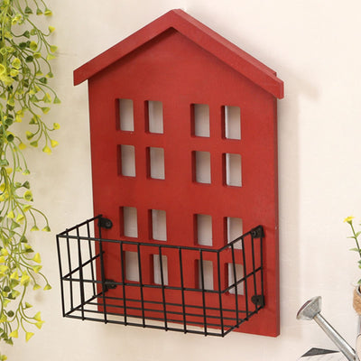 Wall Storage Shelves Hand Made Wood House Shape Wall Mounted Shelf for Bedroom Living Room Red