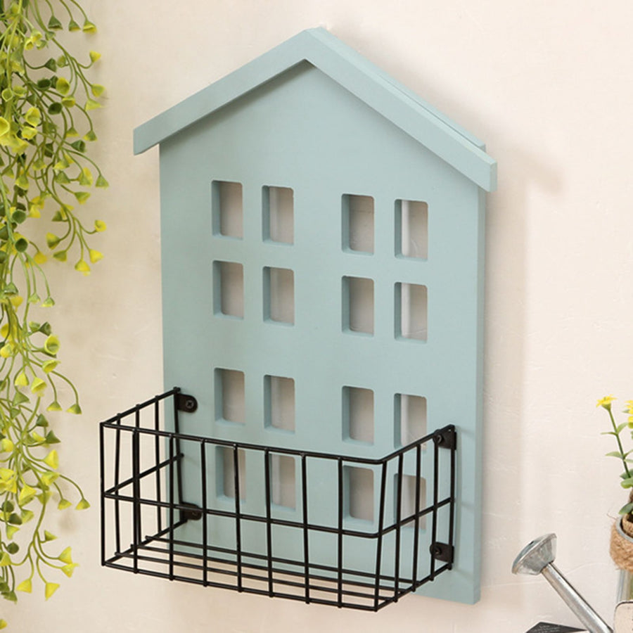 Wall Storage Shelves Hand Made Wood House Shape Wall Mounted Shelf for Bedroom Living Room Light Blue