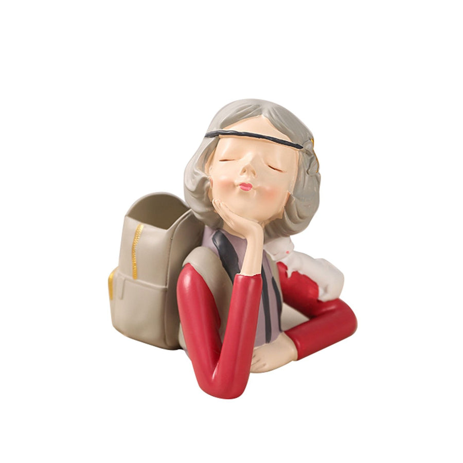 Brush Pot Pen Holder Container Cute Girl Styling Desktop Decoration Ornaments Resin Craftwork Bag Girl Red