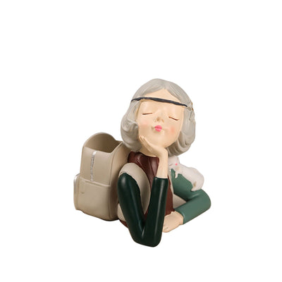 Brush Pot Pen Holder Container Cute Girl Styling Desktop Decoration Ornaments Resin Craftwork Bag Girl Green