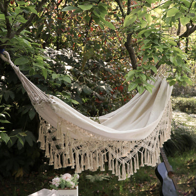 Double Hammock Wearable Portable Rustic Tassel Adult Hammock with 2 Tie Ropes Storage Bag for Camping Indoor Outdoor Beige