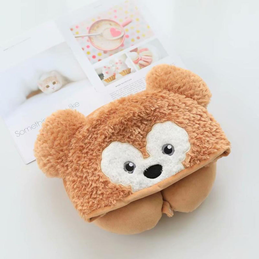 Hooded U Shaped Pillow Cute Cartoon Travel PP Cotton U Shaped Neck Pillow for Airplane Seat Yellow Bear