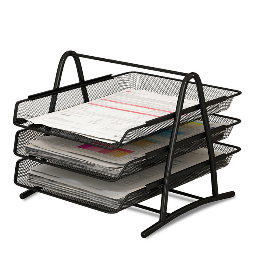 Office Desk Document Tray Mesh Bracket Paper Letter Shelf Holder Black Metal for Home Study School 3 Layers