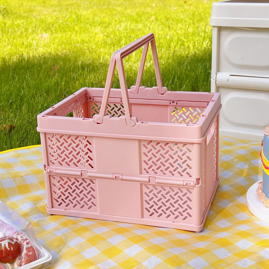 Folding Picnic Basket Stackable Storage Box Plastic Grocery Shopping Basket with Handles for Outdoor Home Pink