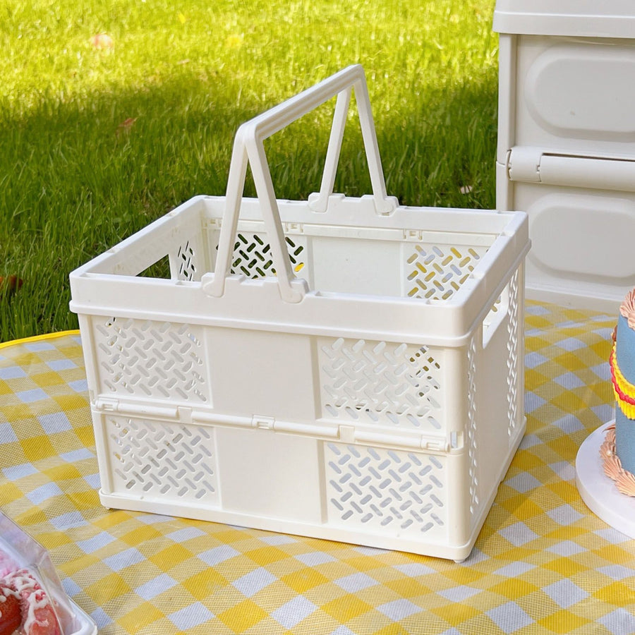 Folding Picnic Basket Stackable Storage Box Plastic Grocery Shopping Basket with Handles for Outdoor Home Milk White