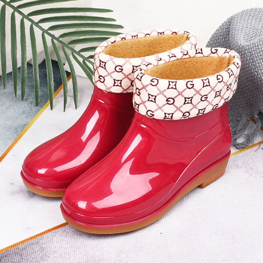 Womens Rain Boots Fashion Antiskid Short Rain Boot Round Head Radian PVC Plastic Rain Boots Red Padded 40