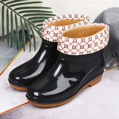 Womens Rain Boots Fashion Antiskid Short Rain Boot Round Head Radian PVC Plastic Rain Boots Black Padded 37