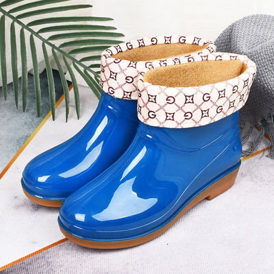 Womens Rain Boots Fashion Antiskid Short Rain Boot Round Head Radian PVC Plastic Rain Boots Blue Padded 39