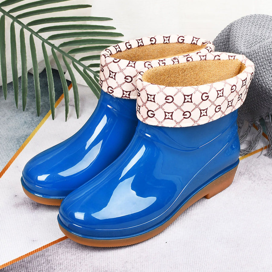 Womens Rain Boots Fashion Antiskid Short Rain Boot Round Head Radian PVC Plastic Rain Boots Blue Padded 39