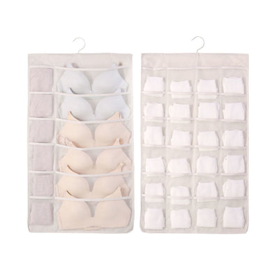 Hanging Bra Organizer Oxford Fabric Double Sides Breathable Large Capacity Underwear Storage Organizer for Bra Socks Beige, Front 12, Back 24