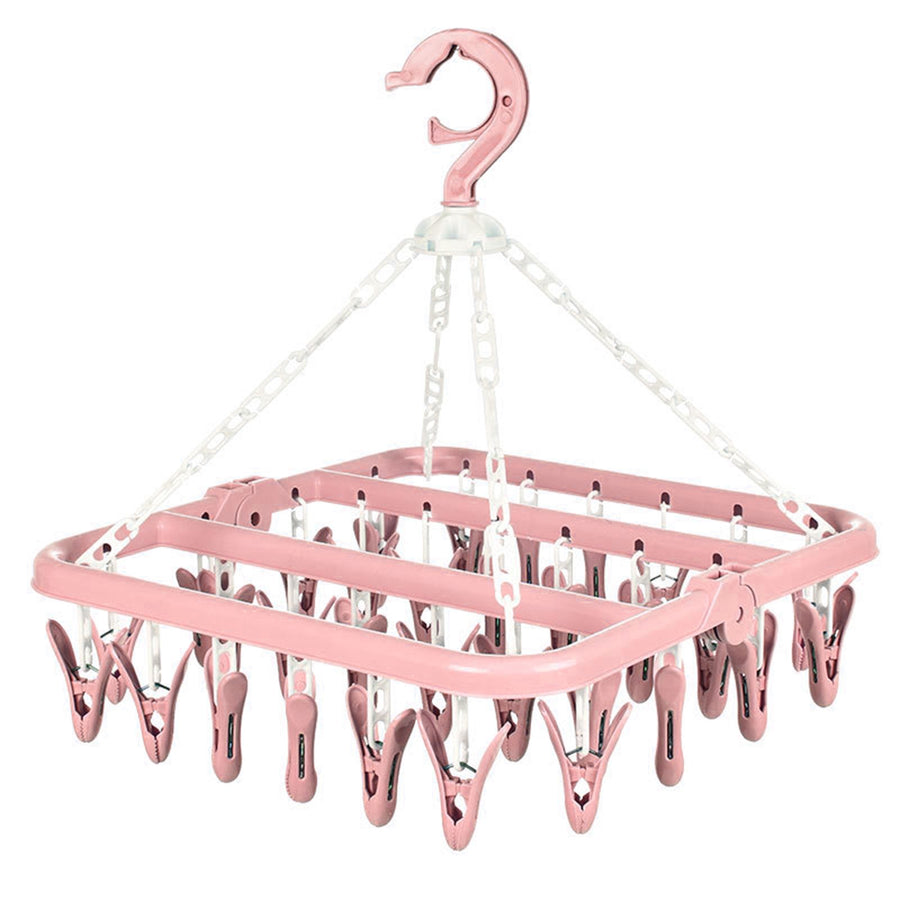 32 Clip Folding Hanger 360 Degree Rotation Household Laundry Clip Rack with Windproof Lock Drying Rack Pink C0NCQ