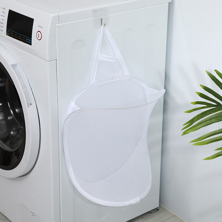 Collapsible Laundry Bag Foldable Laundry Hamper Large Laundry Basket Mesh Wall Mounted for Bathroom with Hook White Mesh