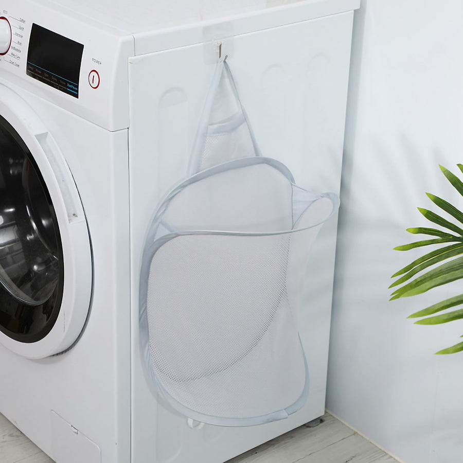Collapsible Laundry Bag Foldable Laundry Hamper Large Laundry Basket Mesh Wall Mounted for Bathroom with Hook Grey Mesh