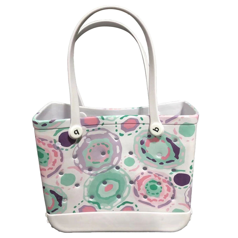 Women Storage EVA Handbag Hole Design Beach Casual Bag for Outdoor Sport Shopping Traveling White Print Small