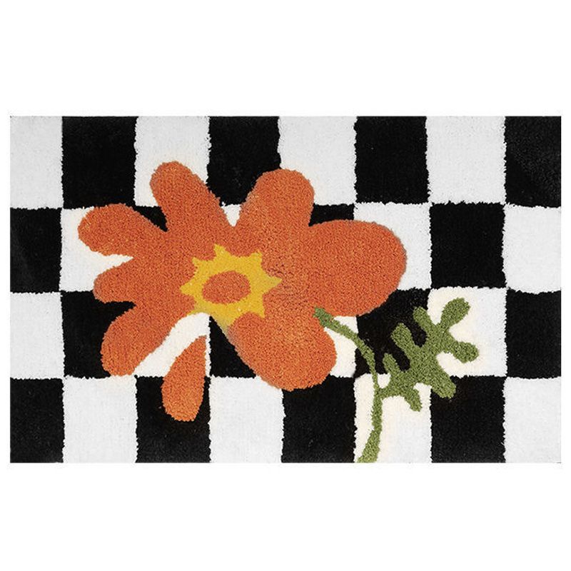 Checkered Doormat Anti Skid Black White Grid Cute Door Mat for Bathrooms Kitchens Living Rooms Orange Flower 50x80