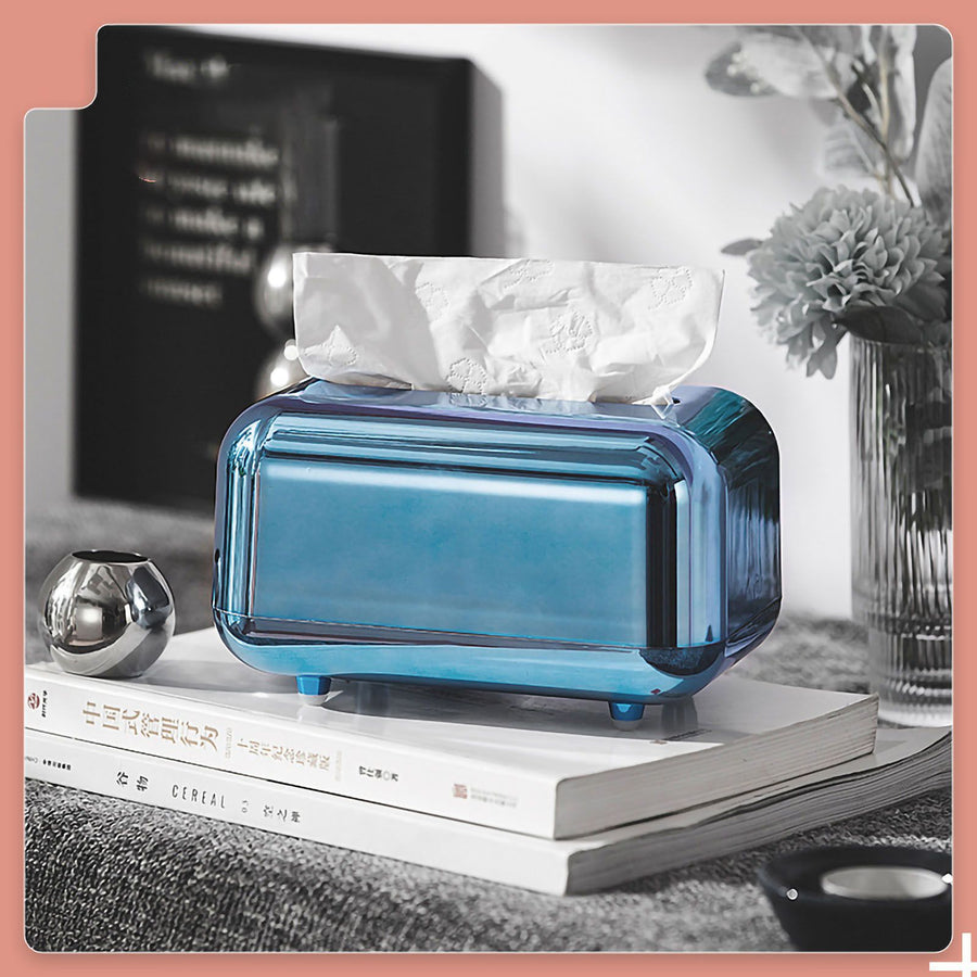 Tissue Storage Box Electroplated Magnetic Retro Built in Spring Facial Tissue Dispenser Box for Home Blue