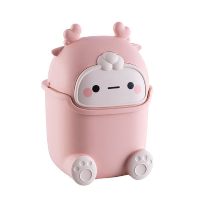 Desktop Trash Can Plastic Mini Lovely Living Room Dining Table Wastebasket with Lid for Home Pink Little Elk