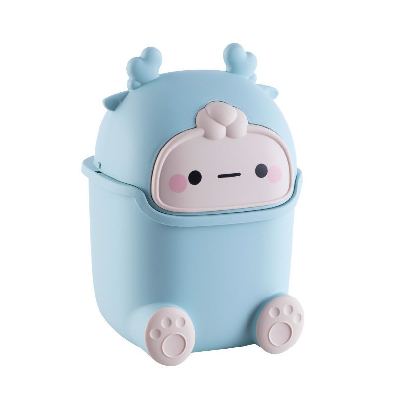 Desktop Trash Can Plastic Mini Lovely Living Room Dining Table Wastebasket with Lid for Home Light Blue Little Elk