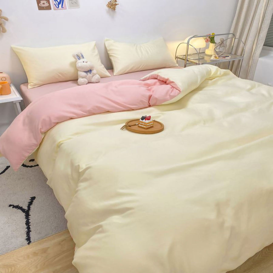 Solid Color Sheet Quilt Cover Pillow Cover Warm Breathable Washed Cotton Bed Sheet Set Creamy Pink 1.5m Four Piece Set