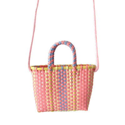 Woven Bag Colorful Plastic Strip Handle Small Cute Fashionable Square Bag for Summer Beach Light Pink