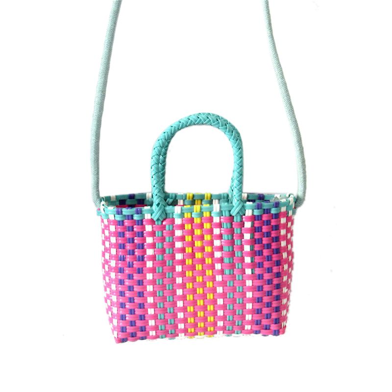 Woven Bag Colorful Plastic Strip Handle Small Cute Fashionable Square Bag for Summer Beach Green And Rose Red