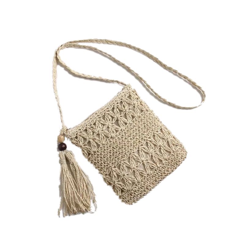 Straw Satchel Weave Bag Hand Knitting Square Shape Tassels Woven Bag for Beach Dating Beige