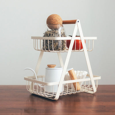 Storage Basket Iron Wood 2 Layers Detachable Fruit Vegetable Shelf Rack for Living Room Kitchen Desktop White