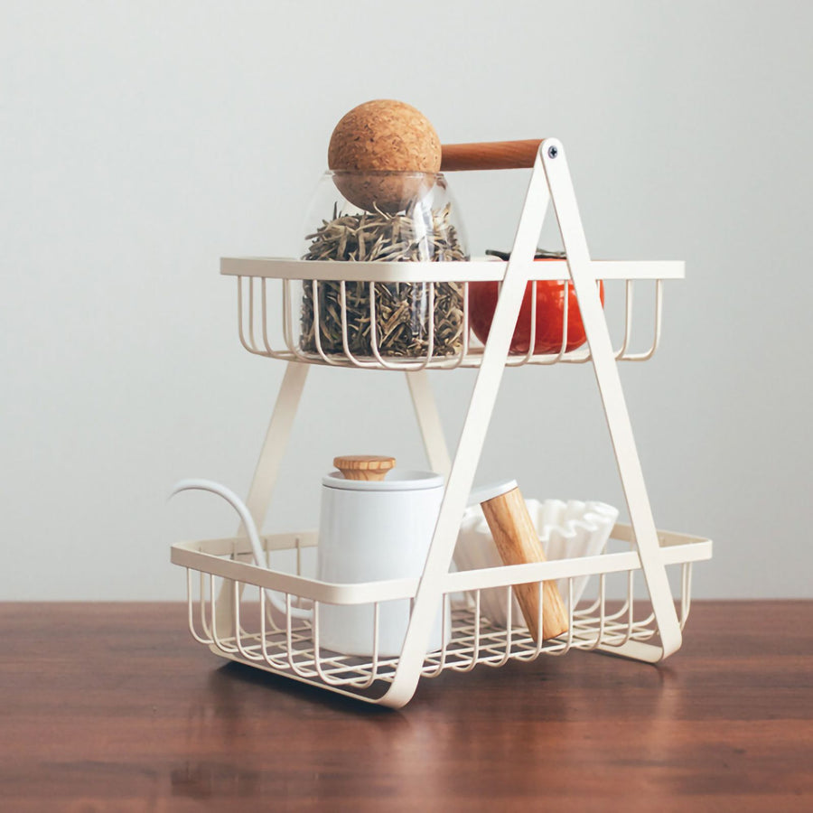 Storage Basket Iron Wood 2 Layers Detachable Fruit Vegetable Shelf Rack for Living Room Kitchen Desktop White