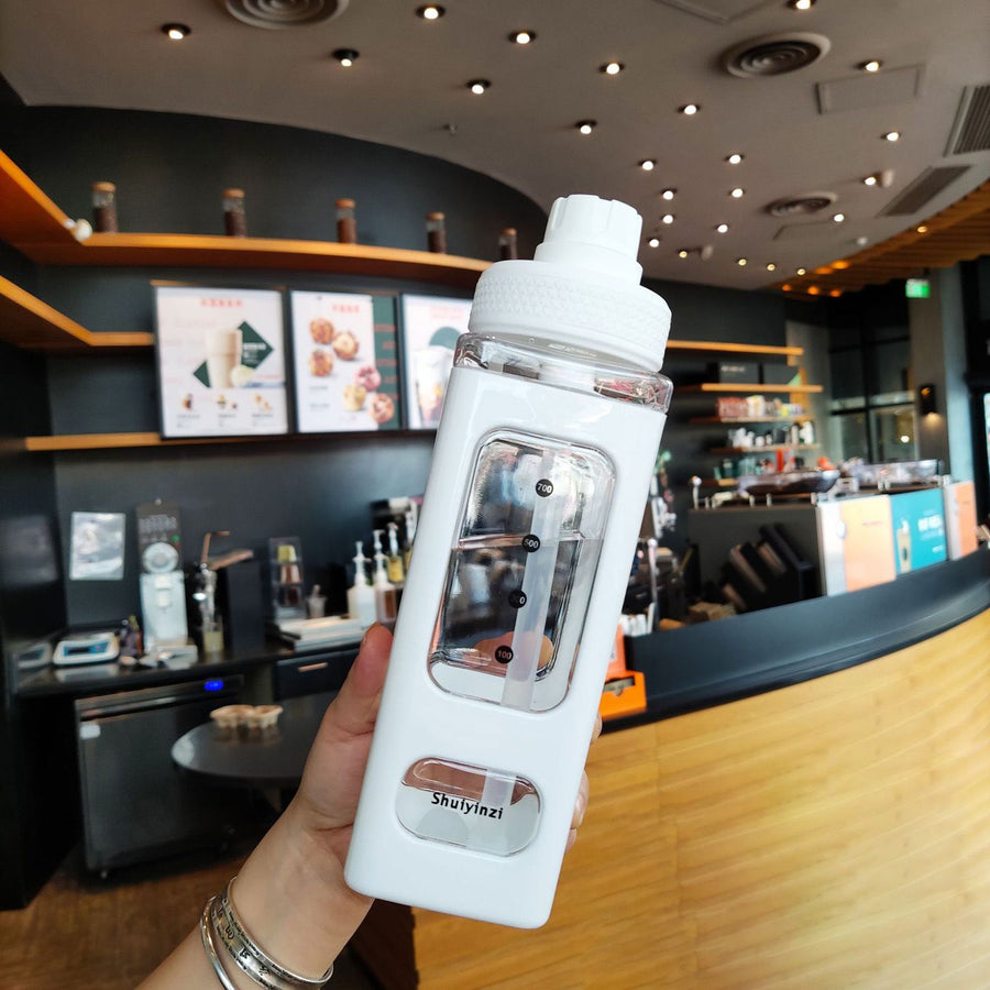 Straw Water Bottle with Marker 700ml Large Capacity Double Layer Water Jug for Home Gym School White
