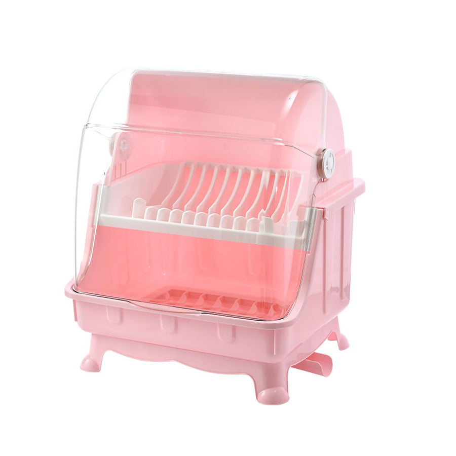 Cutlery Dish Drainer Rack with Lid Cover Multifunctional Kitchen Tableware Storage Box Pink