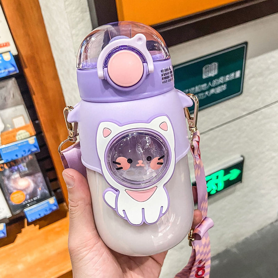 Soft Straw Drinking Cup Portable Plastic Sippy Cup Cartoon Pattern Water Bottle with Strap Purple