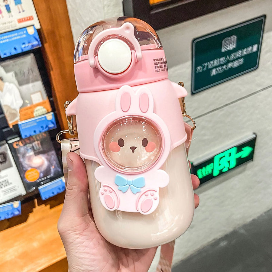 Soft Straw Drinking Cup Portable Plastic Sippy Cup Cartoon Pattern Water Bottle with Strap Pink